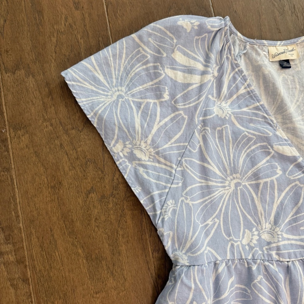 Flirty Floral Blue and White Linen-Blend Mini Dress with Ruffles - Picture 6 of 10